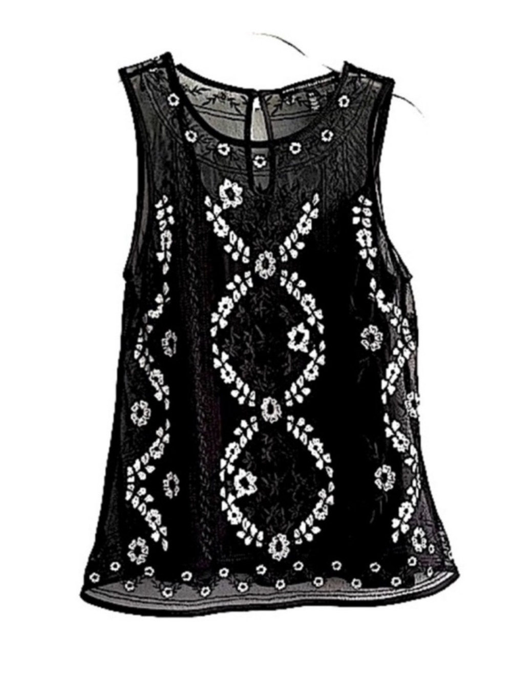 WHBM Embroidered Sheer Overlay Blouse Sleeveless Black White Size XS